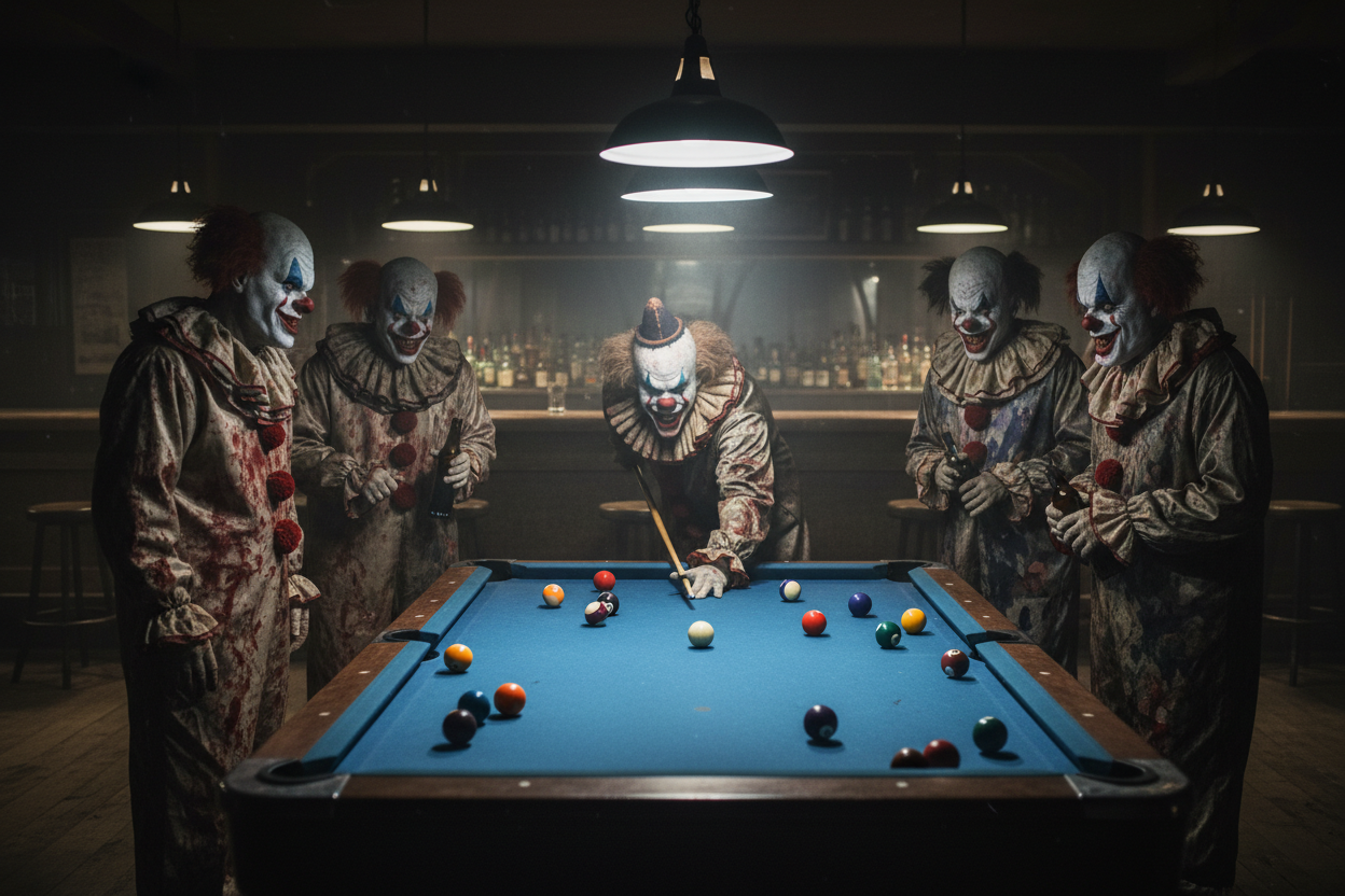 Group of horror clowns around pool table