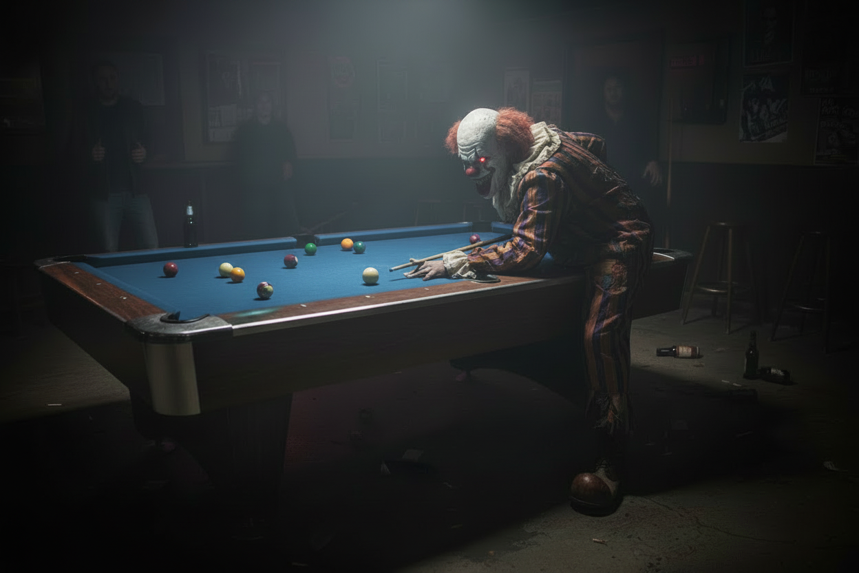 Horror clown shooting pool with more balls